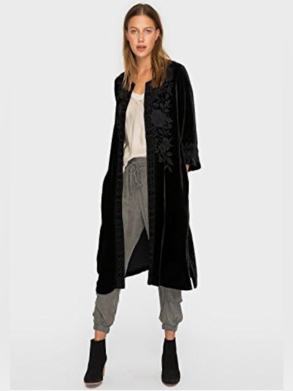 Johnny Was Black Vixie Velvet Embroidered Bishop Sleeve Kimono Coat Duster XSp